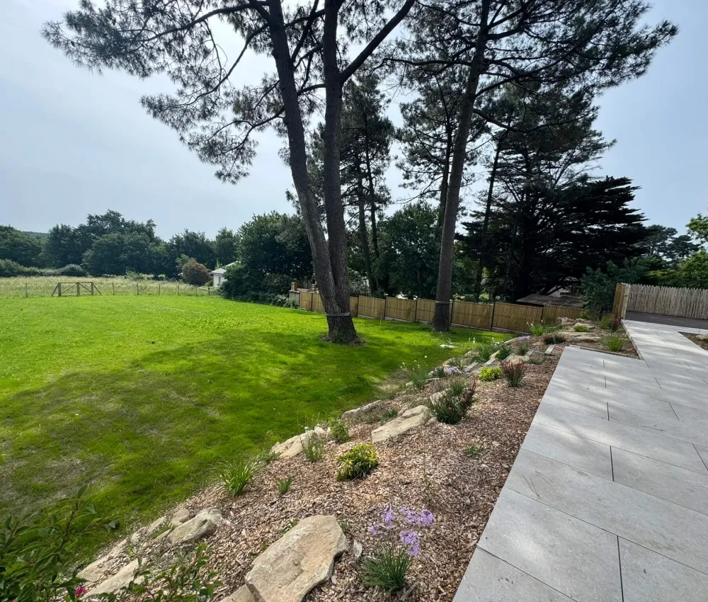 chemin en dalles dans un jardin avec pelouse et arbres
